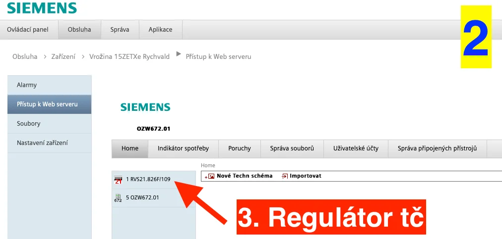 Přístup k Web serveru OZW672: výběr regulátoru tepelného čerpadla